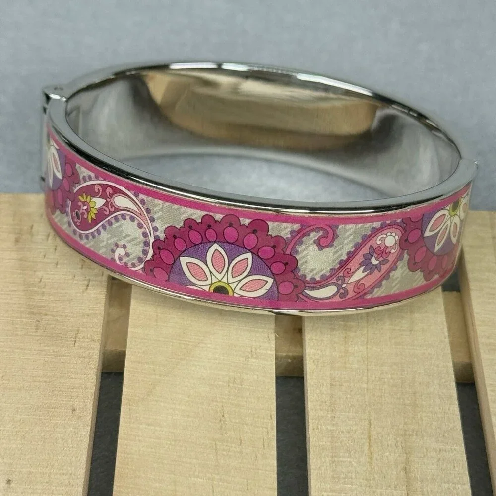 Vera Bradley Bracelet Paisley Meets Plaid Pink Silver Tone Clamper Bangle 7